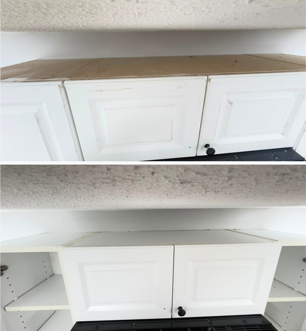 Before and after: the tops of kitchen cabinets, thick dust and grime removed