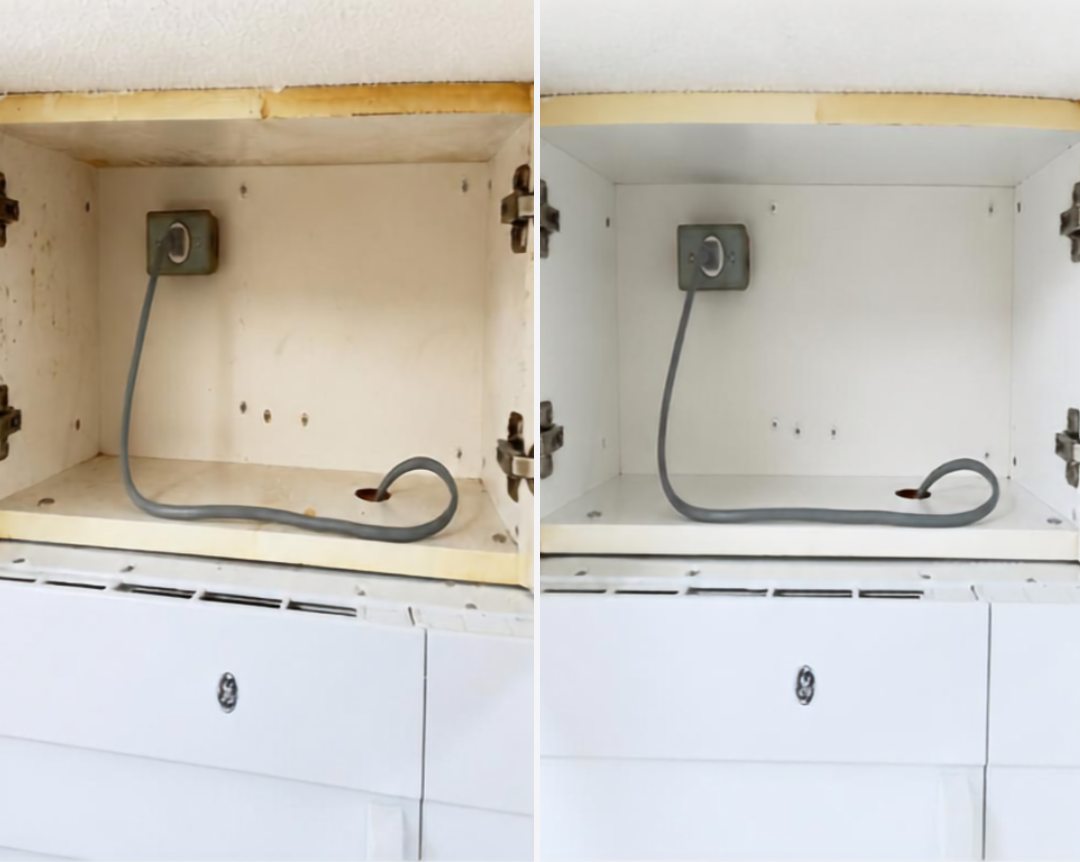 Before and after: the inside of a kitchen cabinet, yellowed and stained, cleaned back to white