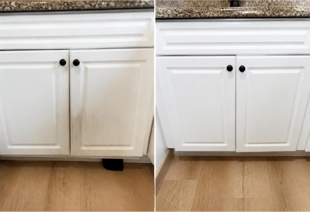 Before and after: kitchen base cabinet doors and the floor around them, cleaned and streak-free