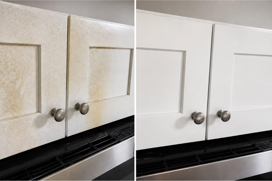 Before and after: kitchen cabinet doors beside the stove, heavy yellow grease staining removed and the white finish restored