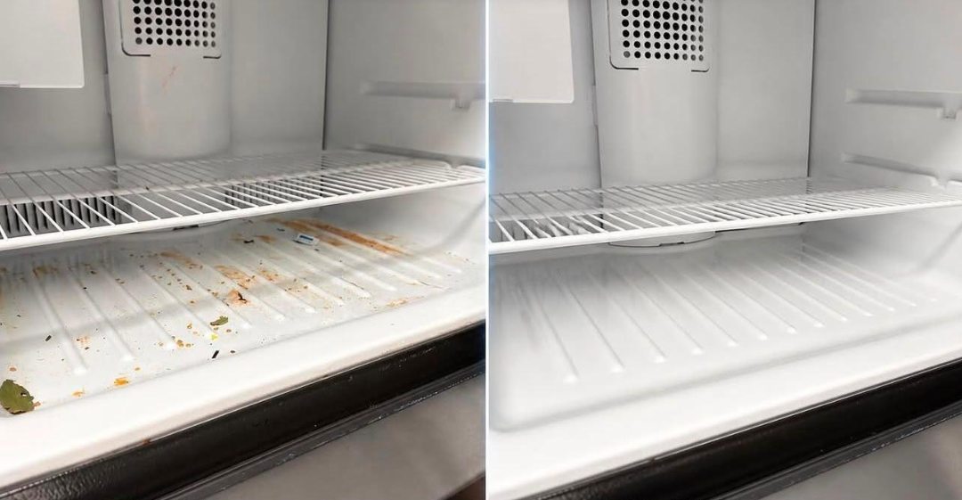 Before and after: a refrigerator shelf with spills and crumbs, cleaned and sanitised