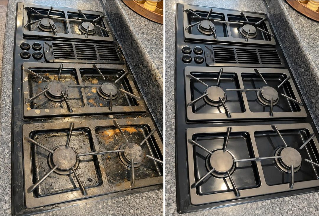 Before and after: a gas cooktop caked with burnt-on grease and spills, cleaned back to a glossy black finish