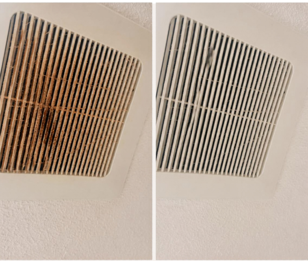 Before and after: dust and buildup removed from a bathroom ventilation grille