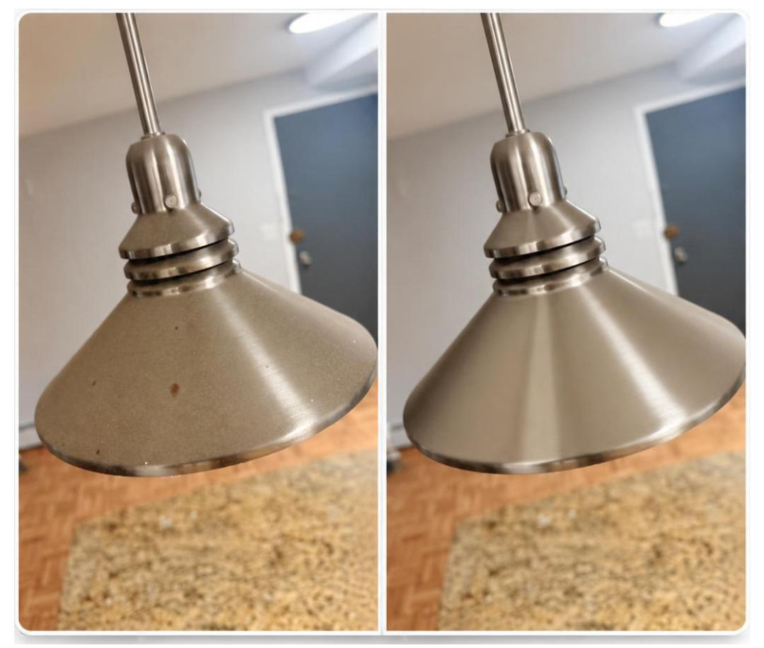 Before and after: spots and dust removed from a brushed metal pendant light