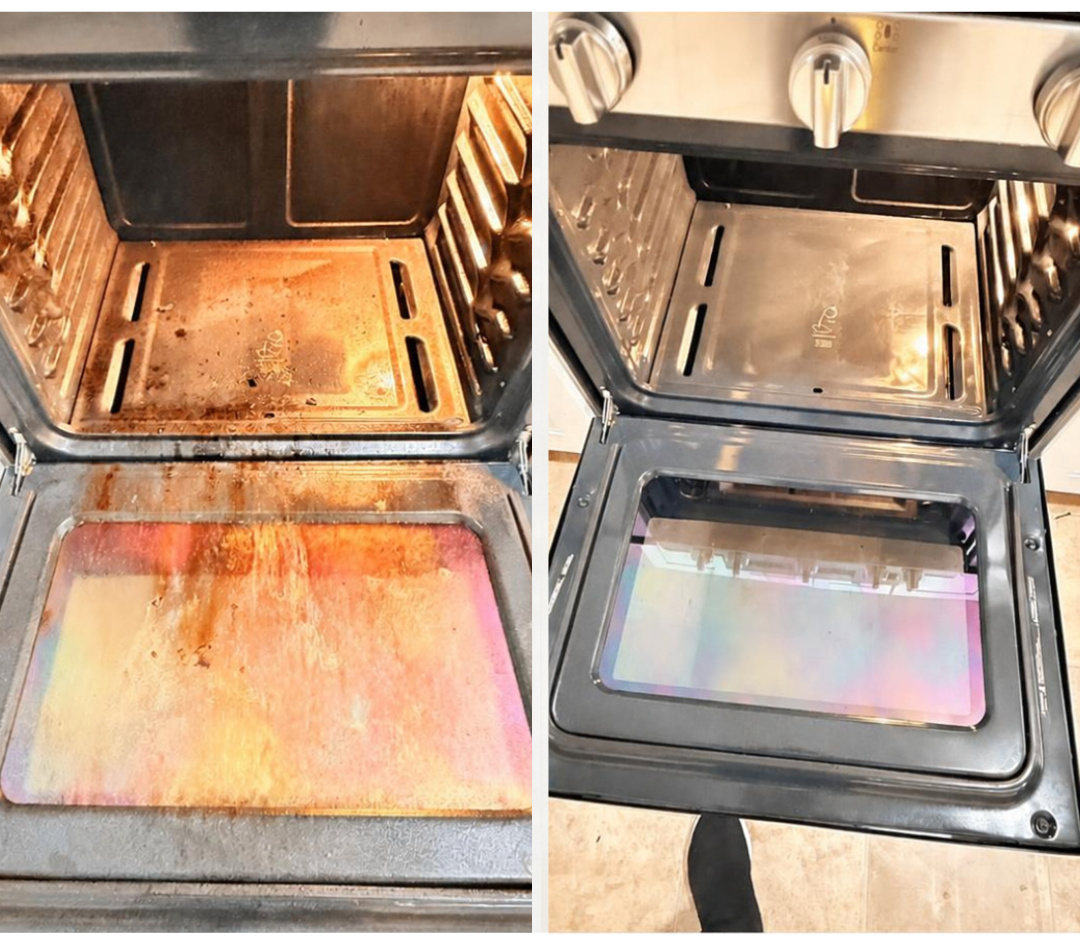 Before and after: baked-on grease and residue cleaned from an oven interior and door