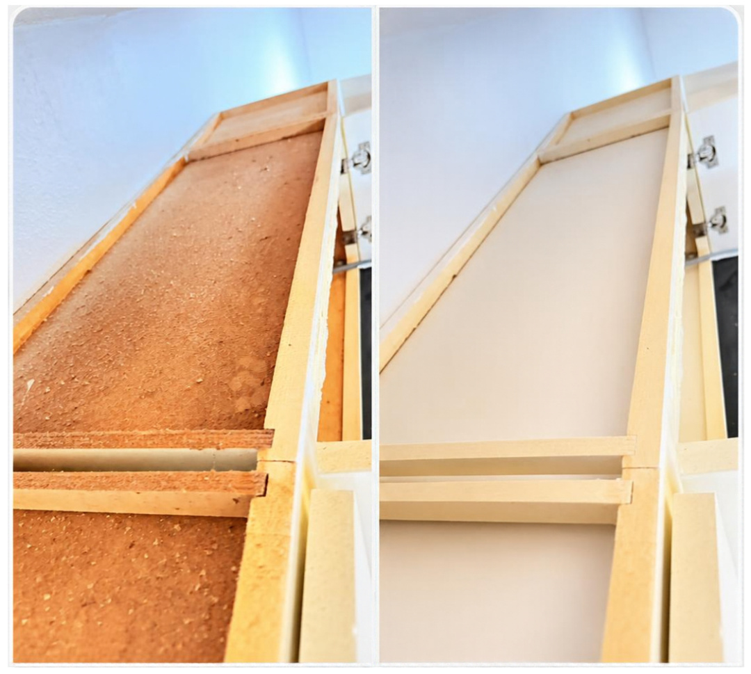 Before and after: grime removed from the inside panel of a kitchen cabinet door