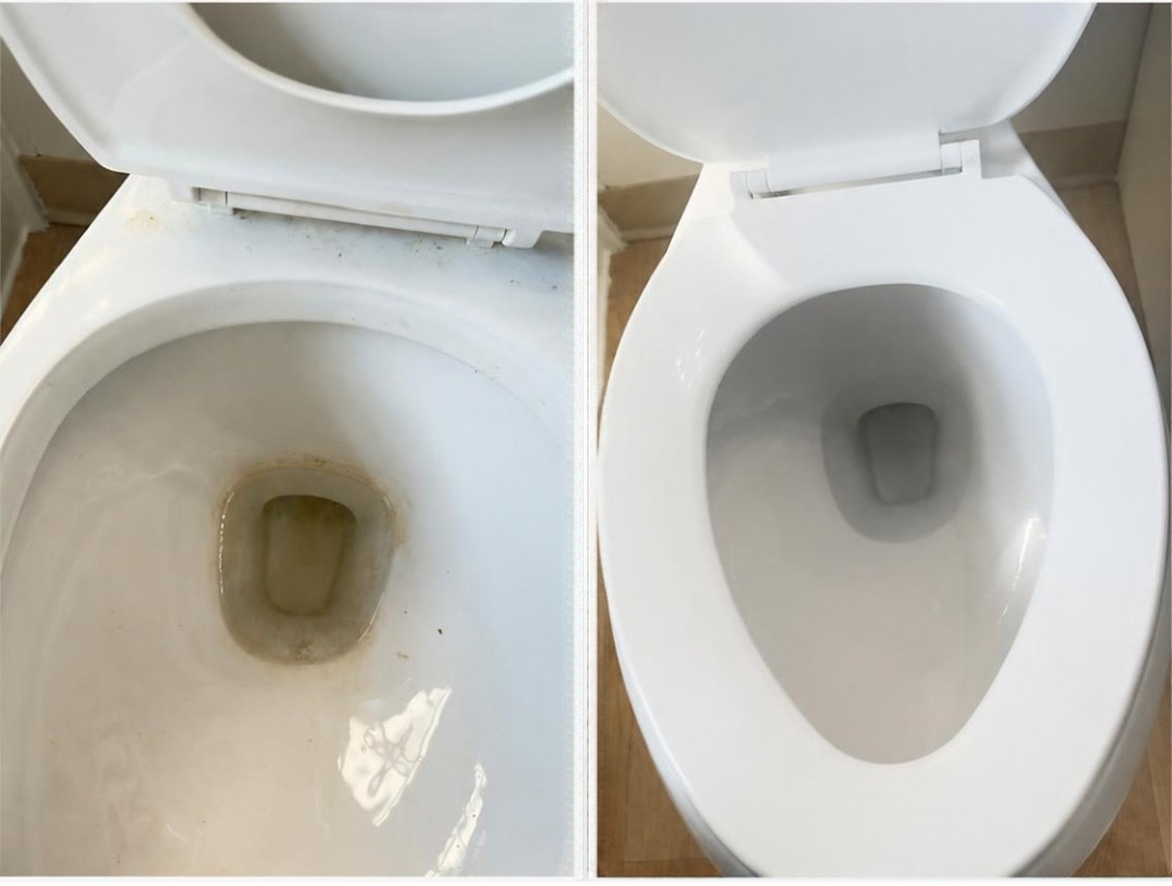Before and after: mineral stains and buildup removed from a toilet bowl