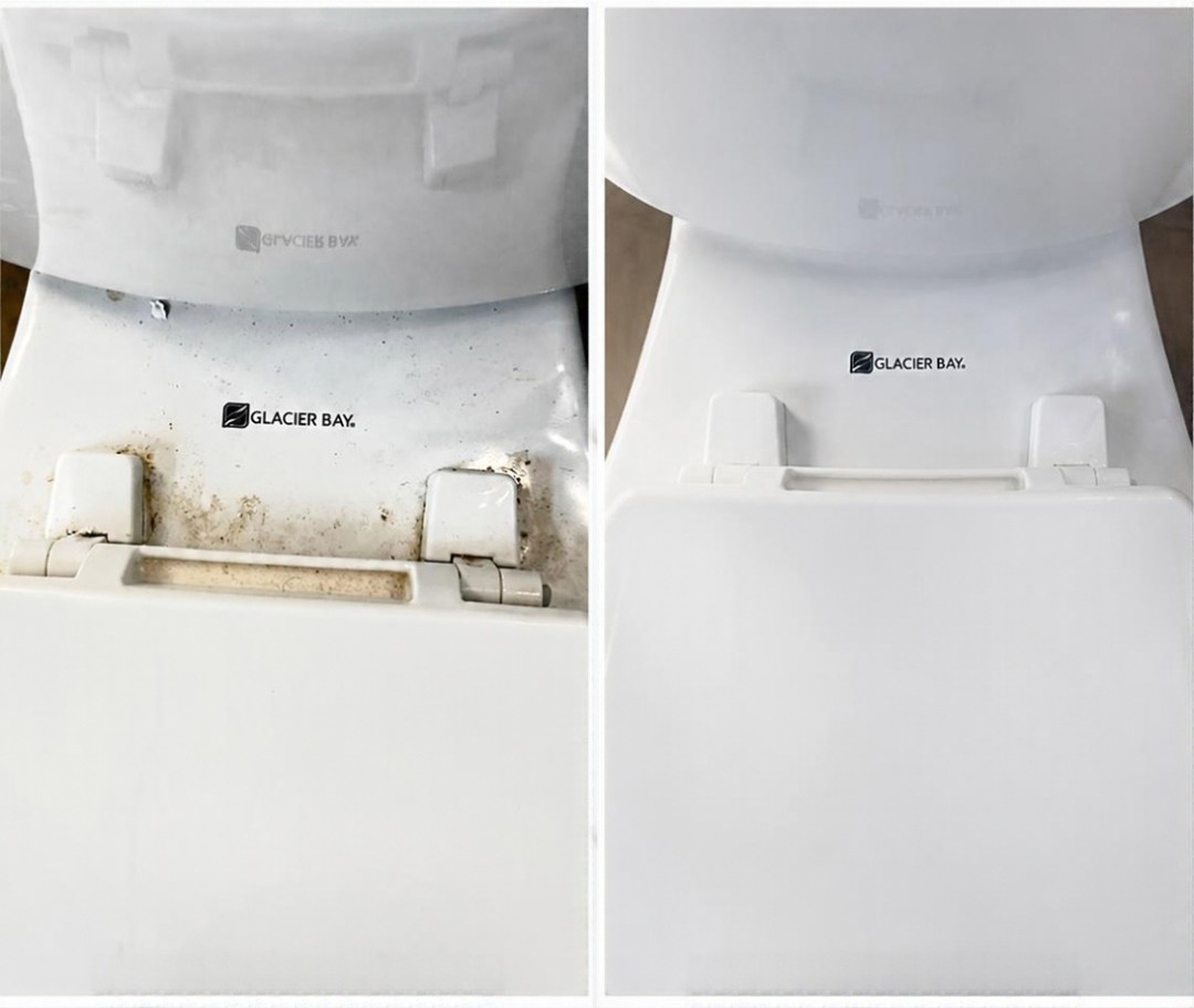 Before and after: grime cleaned from the toilet seat hinges and surrounding porcelain